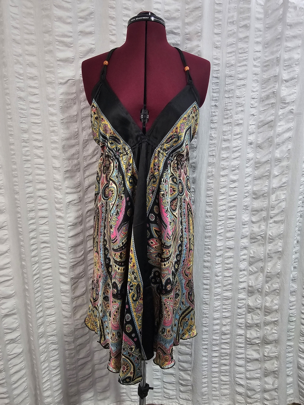 Elan Black Hankerchief Paisley Boho Asymmetrical Babydoll Slip Dress